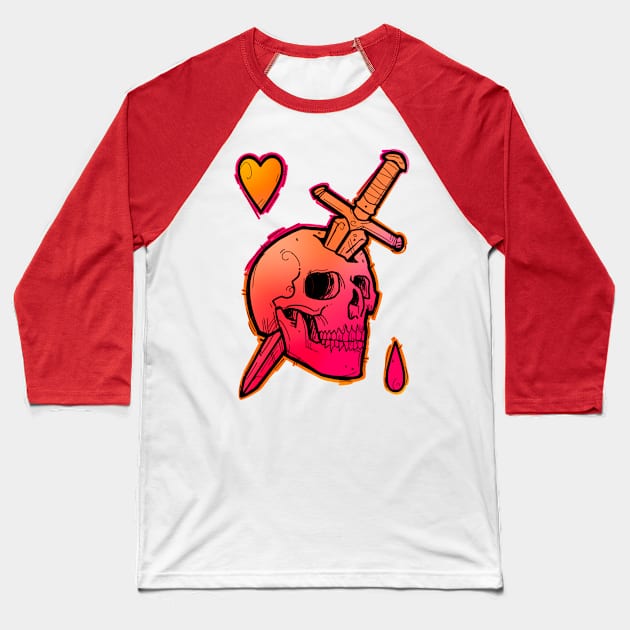 Pink and orange skull with dagger Baseball T-Shirt by weilertsen